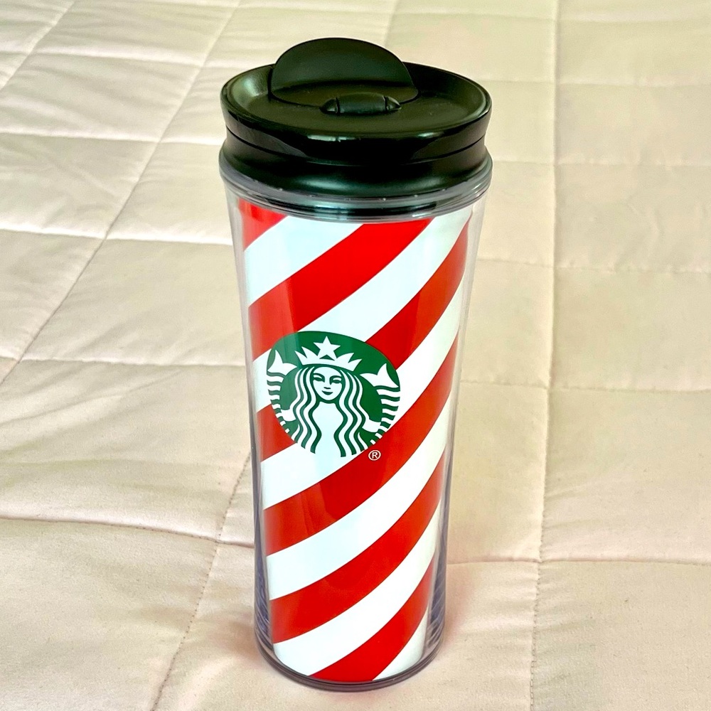 NEW! STARBUCKS SIREN LOGO RED & WHITE SPIRAL STRIPE ACRYLIC INSULATED TRAVEL MUG